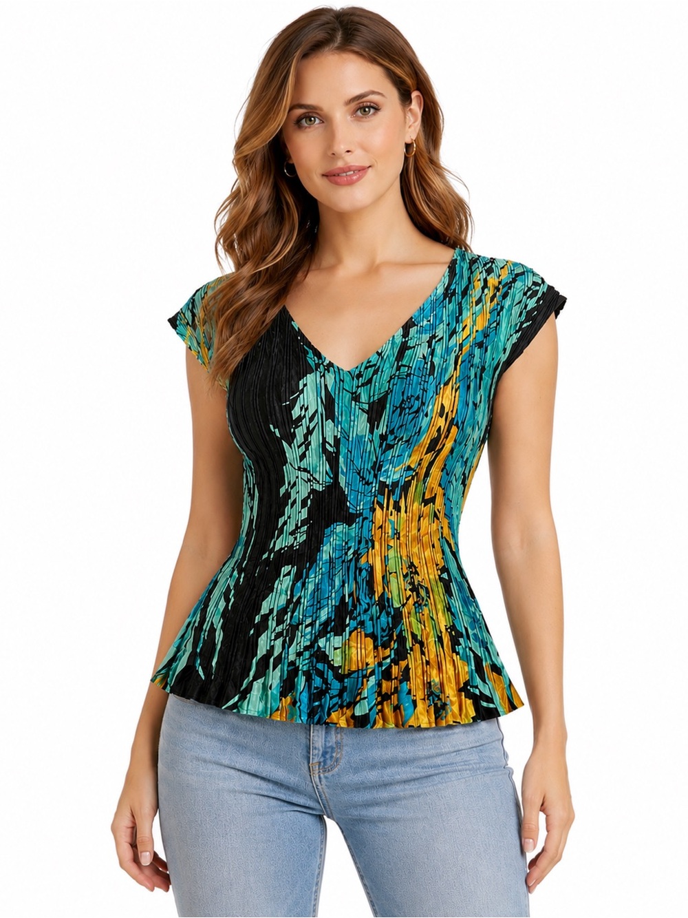 Milano Accordion Pleated Abstract Print Stretch Top Teal Multicolor Size S